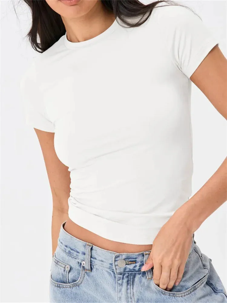 FashionSierra - Short Sleeve Causal Basic Top Summer Slim Fit Solid Color Party Streetwear Pullover Tee
