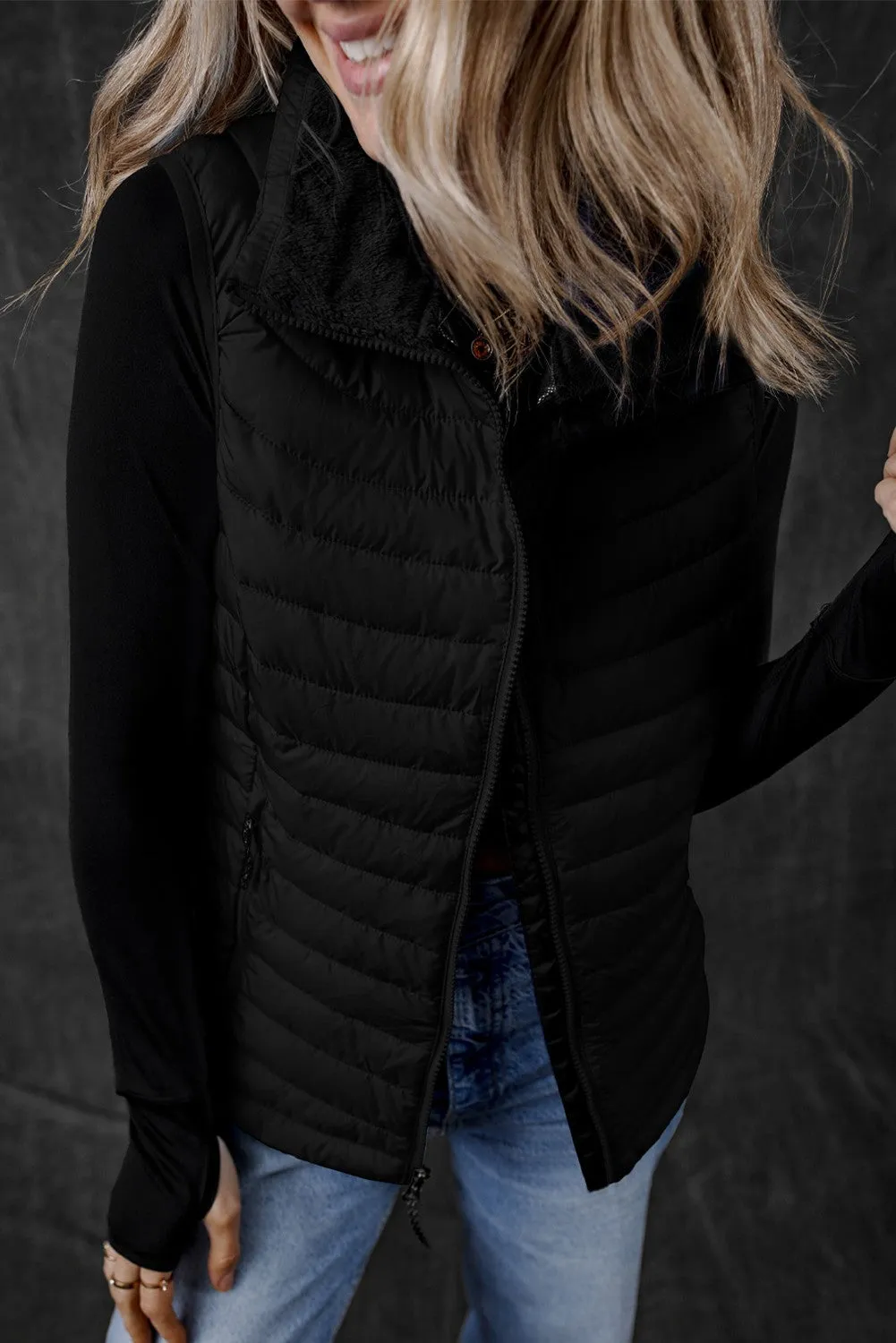 Jenkins Plush Collared Quilted Zipped Puffer Vest - Black