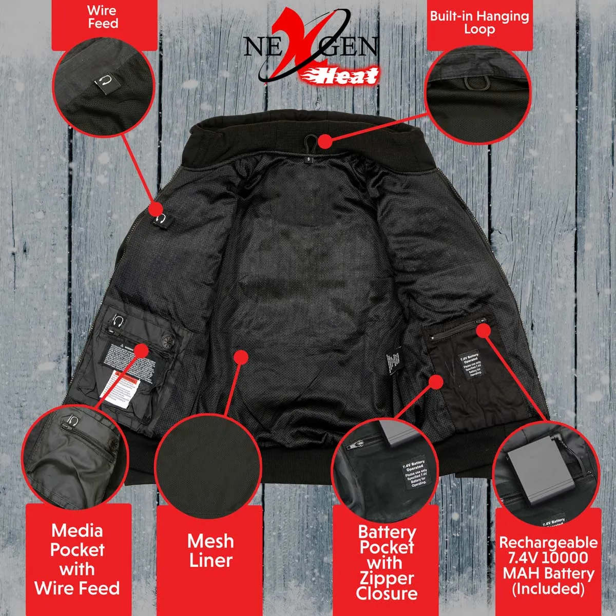 Nexgen Heat MPM1713SET Men's “Fiery’’ Heated Hoodie- Black Zipper