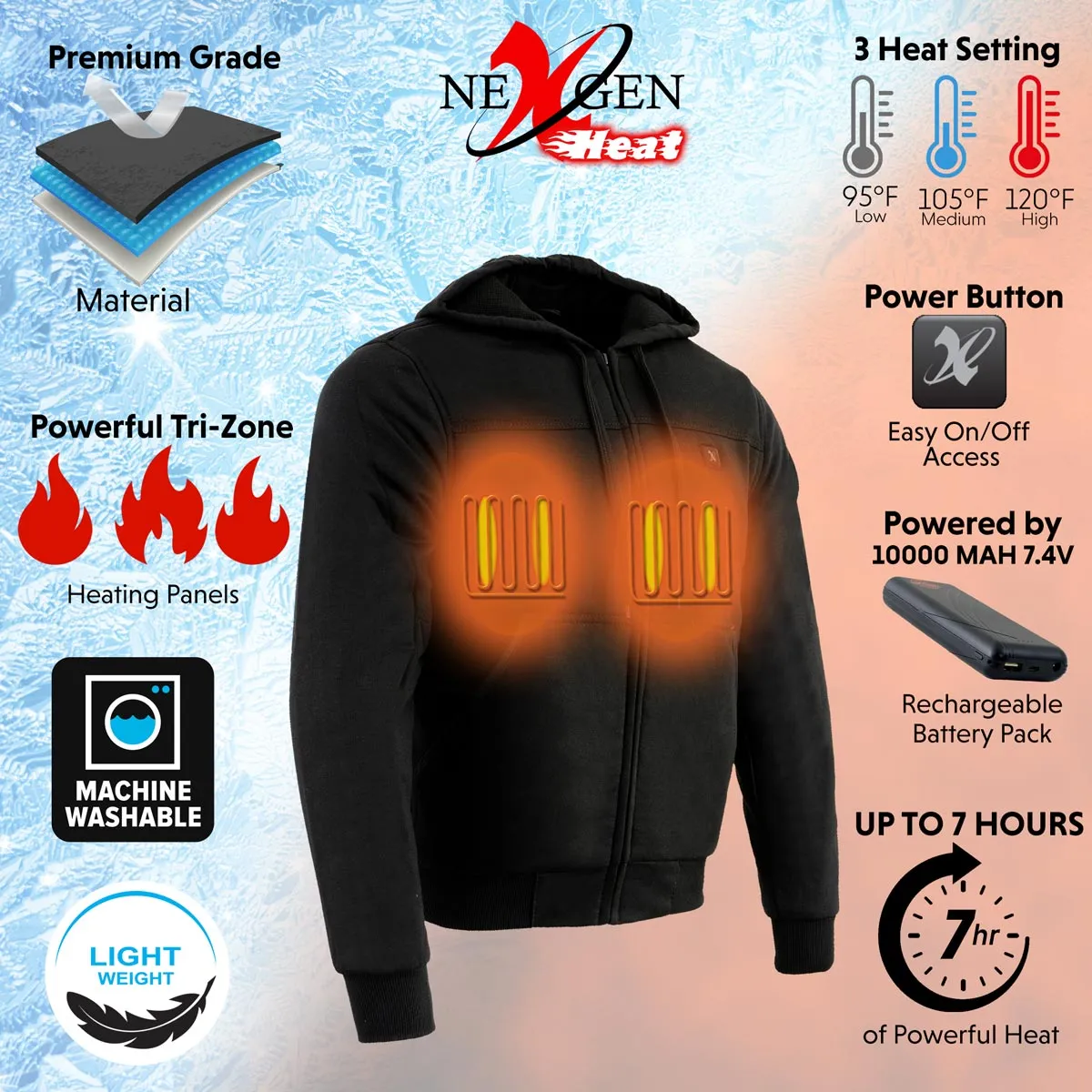 Nexgen Heat MPM1713SET Men's “Fiery’’ Heated Hoodie- Black Zipper