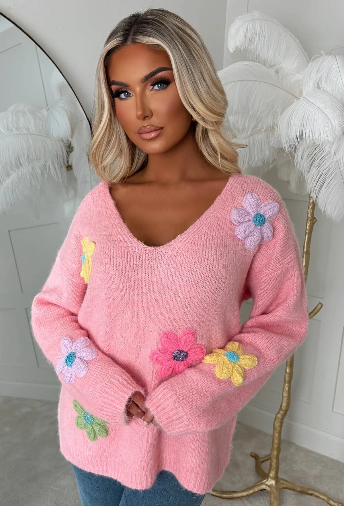 Too Sweet Baby Pink Off The Shoulder Flower Jumper