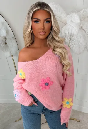 Too Sweet Baby Pink Off The Shoulder Flower Jumper