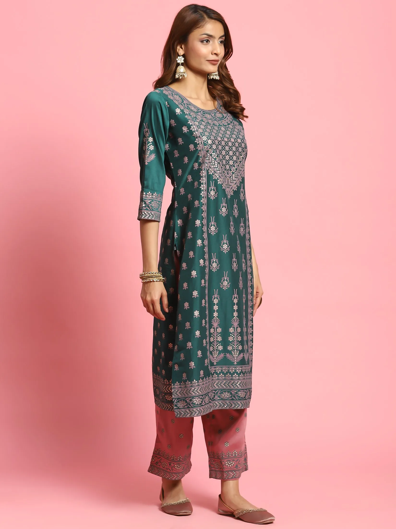 Women Green Ornamental Printed Kurta With Comfort Pant