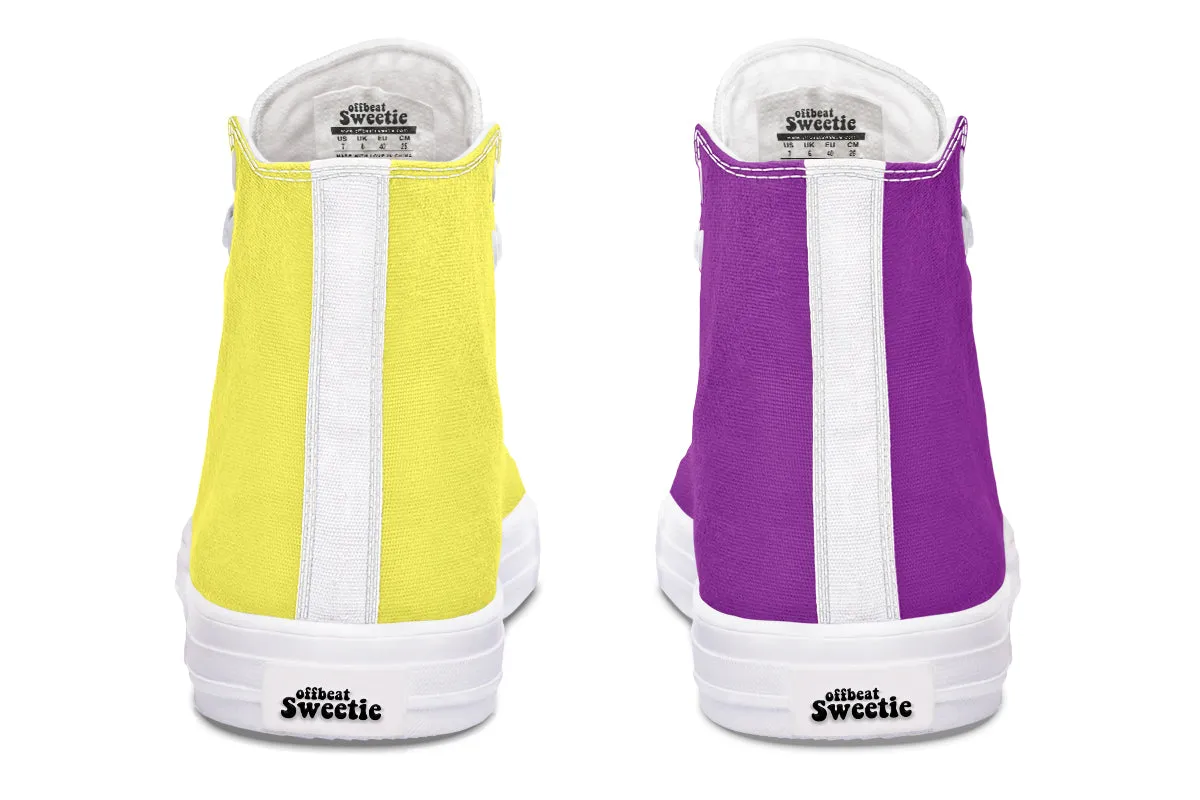 Yellow And Purple Mismatch High Tops