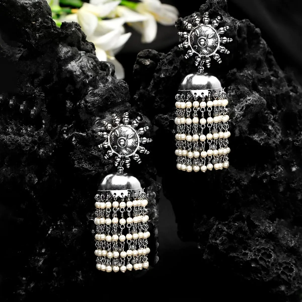 Yellow Chimes Earrings for Women and Girls Traditional Beads Drop Silver Oxidised Jhumka|German Silver Jhumki Earrings|Birthday Gift For girls and women Anniversary Gift for Wife